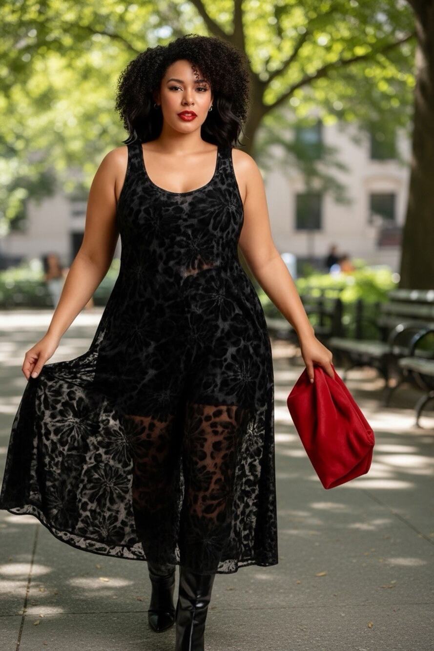 Avenue Body Velvet Burnout Semi-Sheer Overlay Dress 18/20 Black Floral Dark Glam